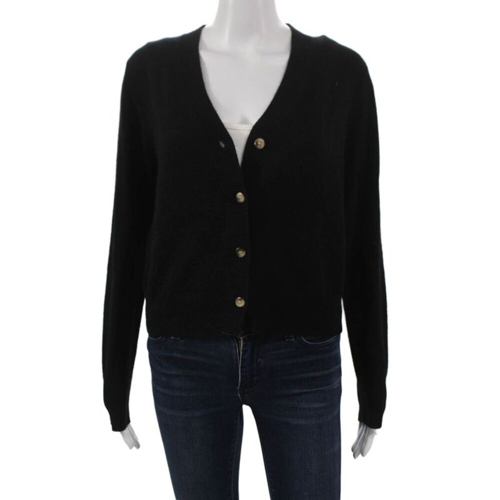 Jessie Liu Womens Merino Wool V-Neck Cardigan Black Long Sleeve Size L